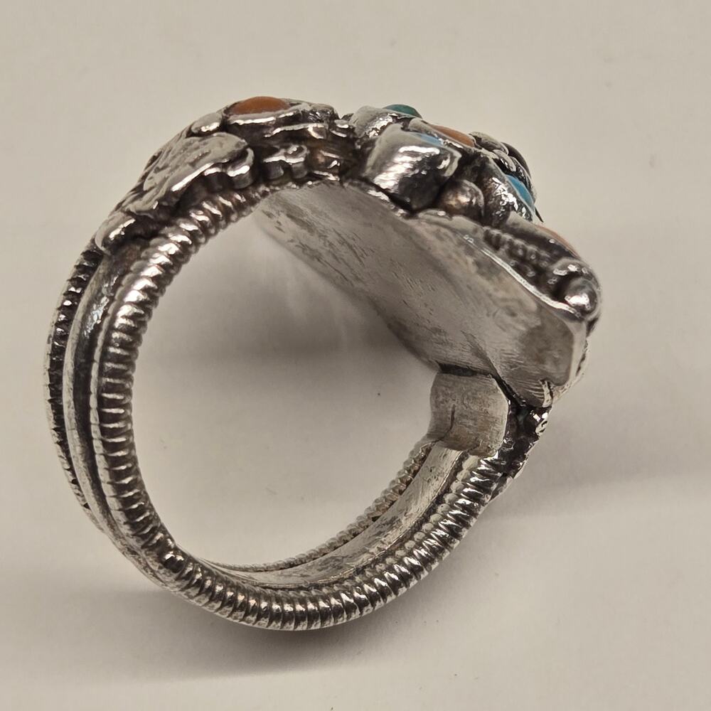 Vintage 70's 80's Boho Eclectic Global Tribal Multi-Color Shield Silver Ring, 7 - Picture 9 of 12